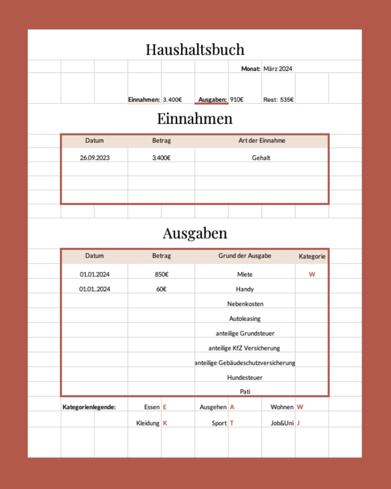 Haushaltsbuch Vorlage